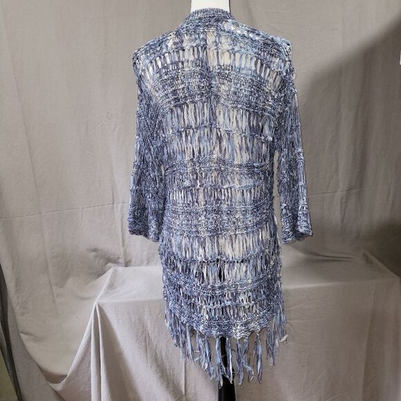 Chico's size 0 blue crochet net open front cardigan with tassels - Picture 4 of 9